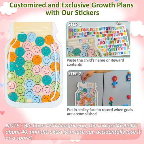 Magnetic Smiley Faces Reward Jar - Personalized Star Jar Reward System with Letter Stickers, Great for Home Chore Chart, Potty Training Tool and Classroom Behavior Training (45Pcs Token)