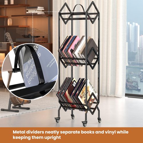 Noliven 3 Tier Vinyl Record Storage Rack with Casters, Metal LP Storage Stand, Book and Files Organizer, Magazine Display, Large Capacity Record Holder for Albums, Books, Magazines, and Office Files