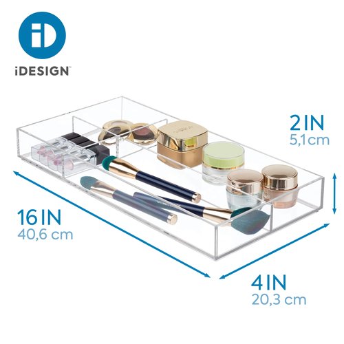 iDesign Clarity Plastic Divided Drawer Organizer, Storage Container for Vanity, Bathroom, Kitchen Drawers, 8" x 16" x 2", Clear,40850