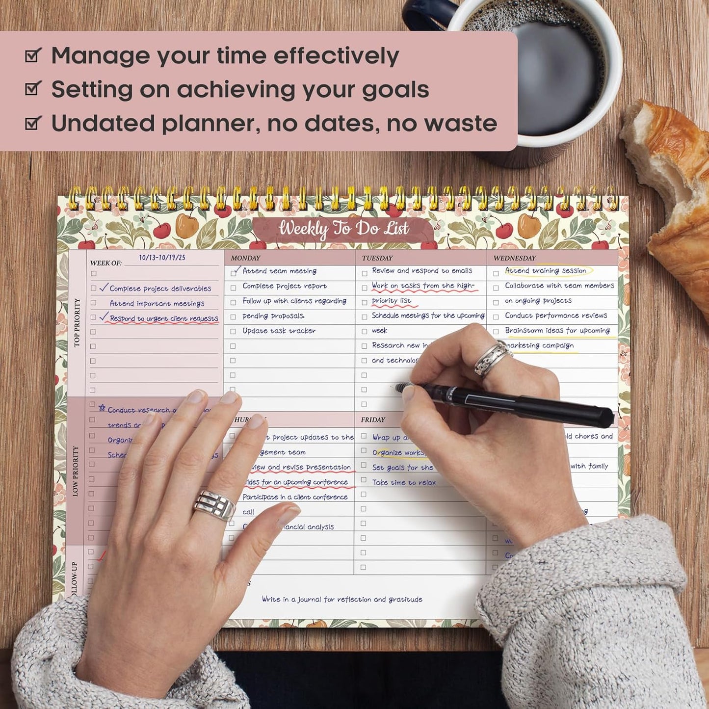 Taja Weekly To-Do List Notepad - 52 Undated Sheets | 8.5" x 11" Desk Planner for Work & Home - Cherry Orchard