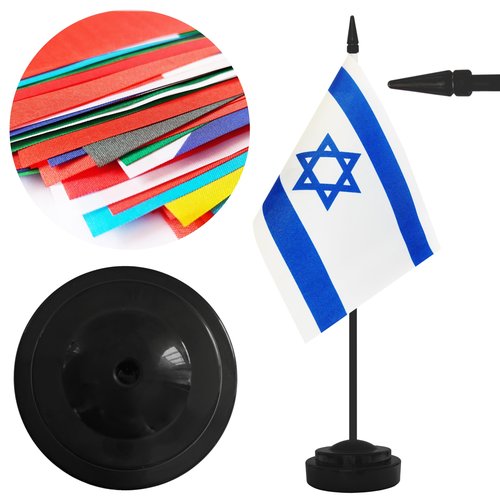 2 Pack Israel Desk Flag Set, Israeli Desktop Small Miniature Table Office Flag with 12" Black Pole and Black Base, Offices, Classroom, Home, Festival Decoration (Israel)