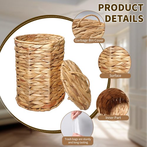 TANEMUDO 2 Pcs Wicker Trash Can Basket with Lid for Bathroom, Bedroom, Kitchen, Office, Home, Farmhouse Small Woven Waste Basket with 200 Pieces of Trash Bags (Brown)