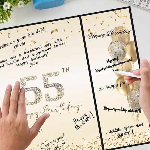 DARUNAXY Black Gold 55th Birthday Party Decorations, Happy 55th Birthday Alternative Signature Guest Book for Men Women Cheers to 55 Years Old Gifts 55 Birthday Signing Card Board Party Supplies