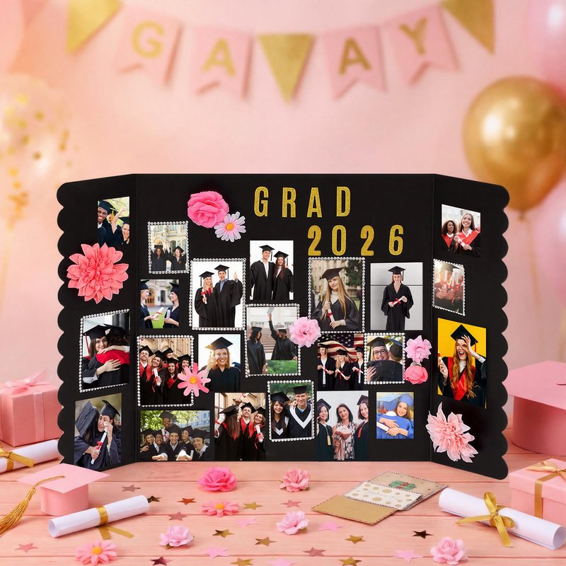 Marspark 2 Pack Large Graduation Photo Display Board 31.5 x 19.7 Inches Trifold Poster Board with Artificial Flowers for Class of 2026 Grad Party Picture Display Graduation Photo Frames Table Decor