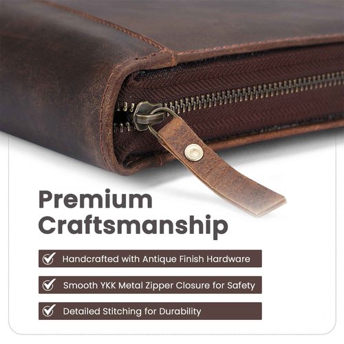 Premium Leather Portfolio Organizer with Zipper - Brown Business Padfolio with Card Slot, Document Holder, Pen Loops | Leather Padfolio with 3 Rings Binder Legal Pad Holder Podfolio for Men & Women
