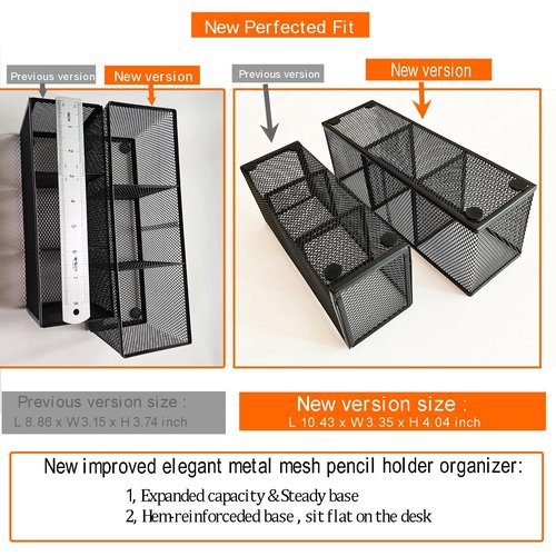 WenkeDigi New Pen Pencil Holder Metal Mesh Desk Organizer,3 Compartments Office Caddy Storage, Black Mesh Pencil Holder for School,Kitchen Utensil Storage, L10.43 x W3.35 x H4.04 inch (2 Pack)