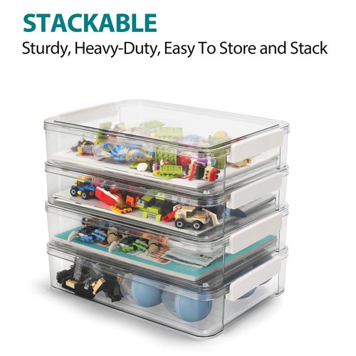 Flat Plastic Storage Bins with Latching Lids Document Organizer Portable Project Case Stackable Storage Boxes for A4 Letter Size Paper Office Supplies 2 Pack