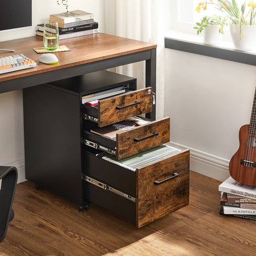 SONGMICS File Cabinet, Pre-Assembled Except Wheels and Handles, Office Filing Cabinet with Lock, for A4, Legal, Letter Sized Documents, 17.7 x 14.4 x 23.6 Inches, Rustic Brown and Black UOFC110B01V1