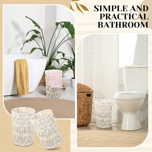 LOYIM 2 Pcs Wicker Trash Cans 2 Gallon Rattan Waste Baskets for Bathroom Wicker Waterproof Boho Trash Cans Compact Woven Round Decorative Waste Baskets for Bedroom Office Bathroom(White)