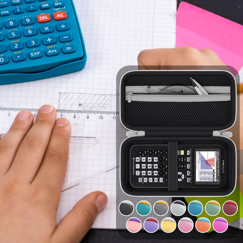 Baval Calculator Case Compatible with Texas Instruments TI-84 Evo/TI-84 Plus CE/TI-84 Plus/TI-Nspire CX II CAS/TI-Nspire CX II/TI-83 Plus Color Graphing Calculator(Black Case,White Zipper)
