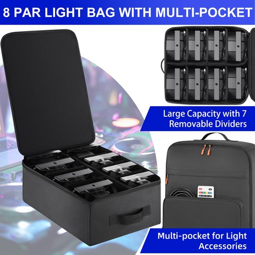 Aleemin Par Light Bag Soft Padded for 8 Par Lights, Stage Lighting Case with Removable Dividers & Backpack-strap & Handle, Lights Bag with Large Pocket for Par Light, Spotlight, Led Light, DJ Light
