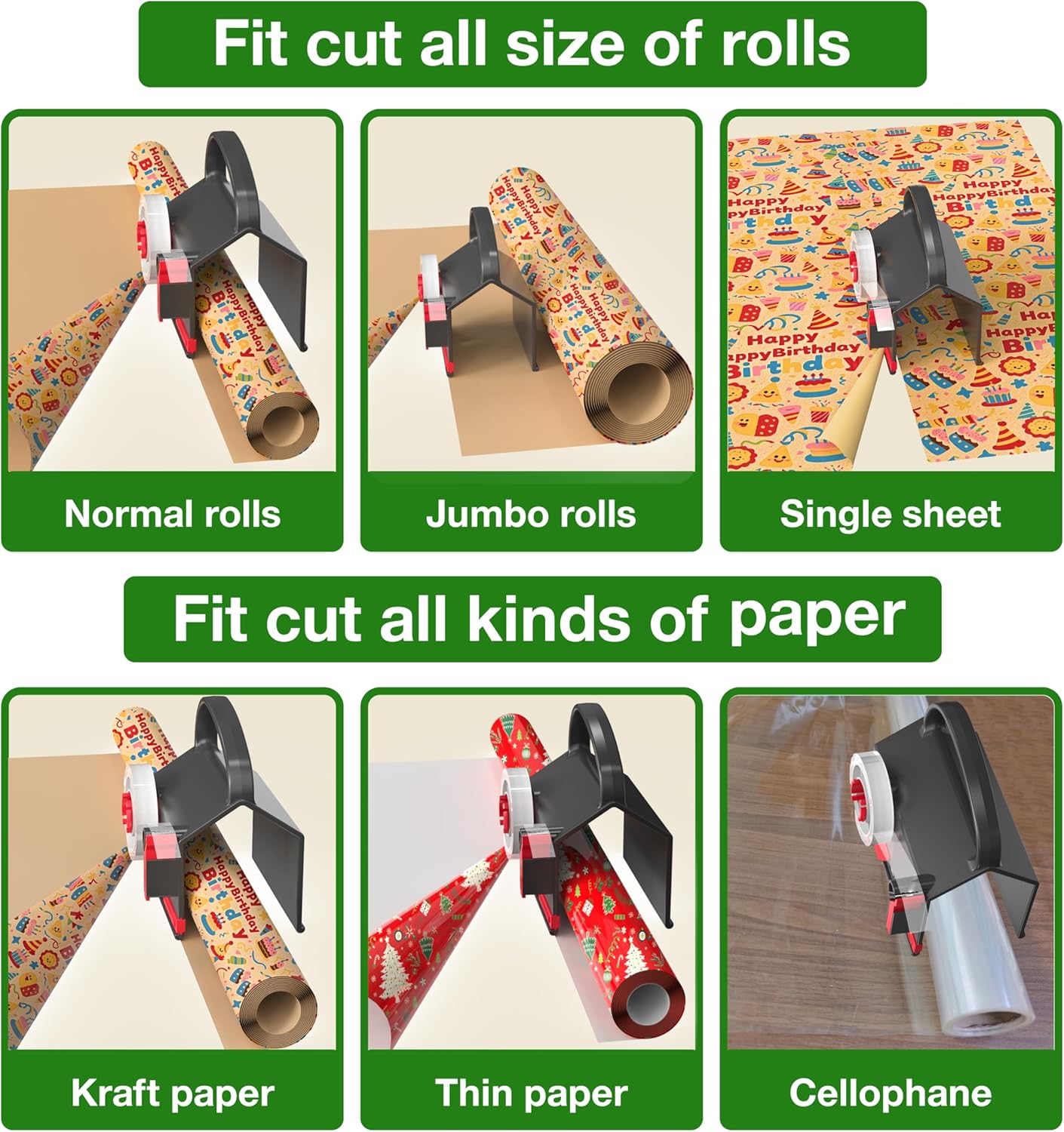 (2-Pack) Wrapping Paper Cutter & Tape Dispenser Dual Use with 4 Tapes,2 Replace Blades Kit for Christmas Gift Wrap Cutter Tool Paper Roll Holder Tube Sliding Slicing for Birthday Holiday.