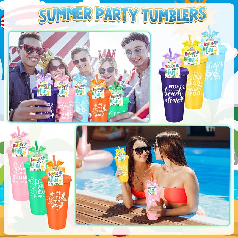 Teenyyou 24 Packs End of The Year Gifts for Student 24 oz Summer Plastic Cups with Lid and Straw Bulk Summer Graduation Reusable Tumblers with Cards for Pool Vacation Party Supplies(Classic)