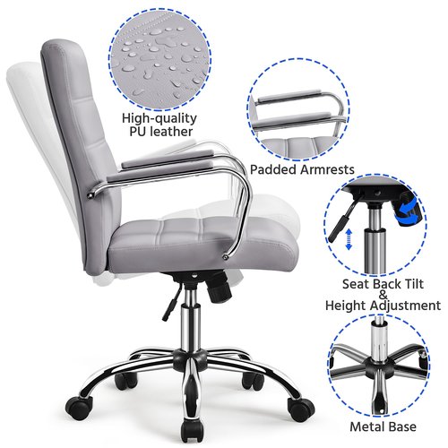 Yaheetech Mid-Back Office Chair with Arms Swivel PU Leather Height Adjustable Office Executive Chair, Light Gray