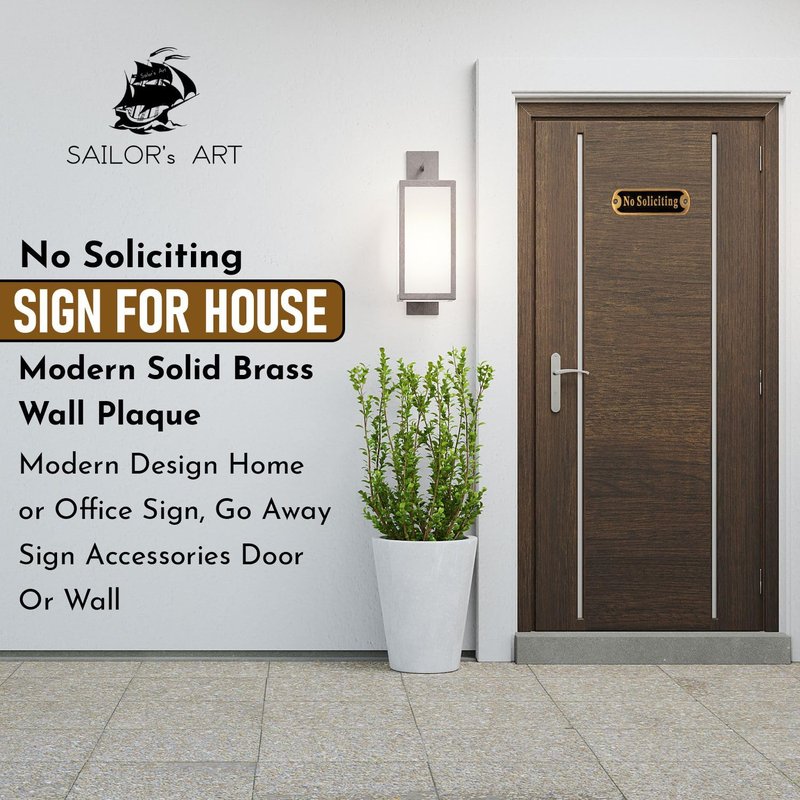 5" No Soliciting Sign for House Front Door, Premium Solid Brass Wall Plaque No Soliciting Home Decor Door Accessories, Modern No Soliciting Business Signage