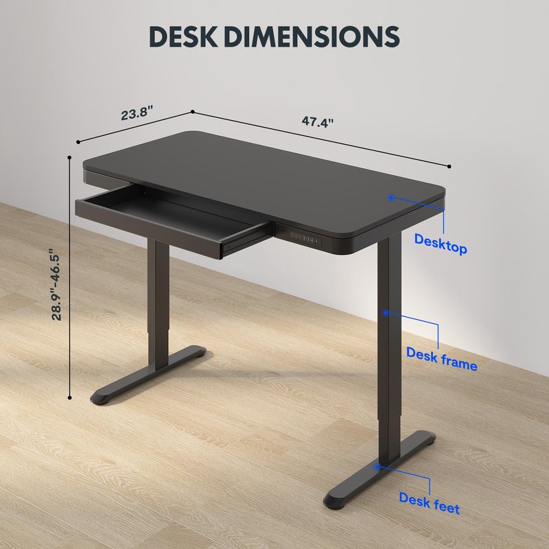 FLEXISPOT Comhar Electric Standing Desk with Drawer Desktop & Adjustable Frame Quick Install w/USB Charge Ports (Black, Wood)