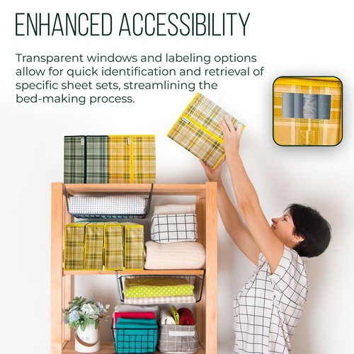 Mama Gs 4 Pack Bed Sheet Organizer and Storage with Zipper, Handle, Label & Window, Foldable Linen Closet Organizers and Storage for Sheet Set, Blanket, Duvet Covers – No Insect Entry Design (Green)
