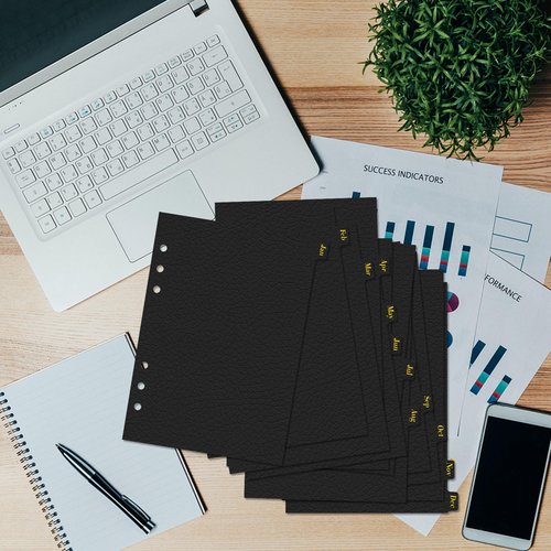 Koqye Leather Textured A5 6-Ring Binder Dividers with 12 Monthly Tabs, Black Paper Index Page Separators for Planner/Organizer (1 Set - 12 Monthly Tabs)