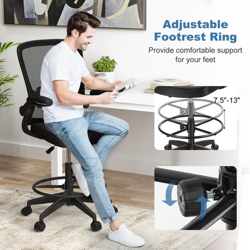 POWERSTONE Drafting Chair - Ergonomic Tall Office Chair for Standing Desk with 3IN Thick Cushion, Flip-up Arm, Adjustable Back Support & Footrest Workbench Rolling Stool Computer Chairs (Black 1 pcs)