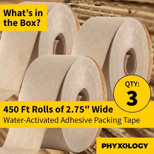 Ultra Durable Water-Activated Tape for Secure Packing 3Pk. 2.75 in, 450 Ft Brown Kraft Gum Tape Provides Heavy Duty Adhesive for Packaging and Shipping. Fiberglass Reinforced for Extra Strong Bond.