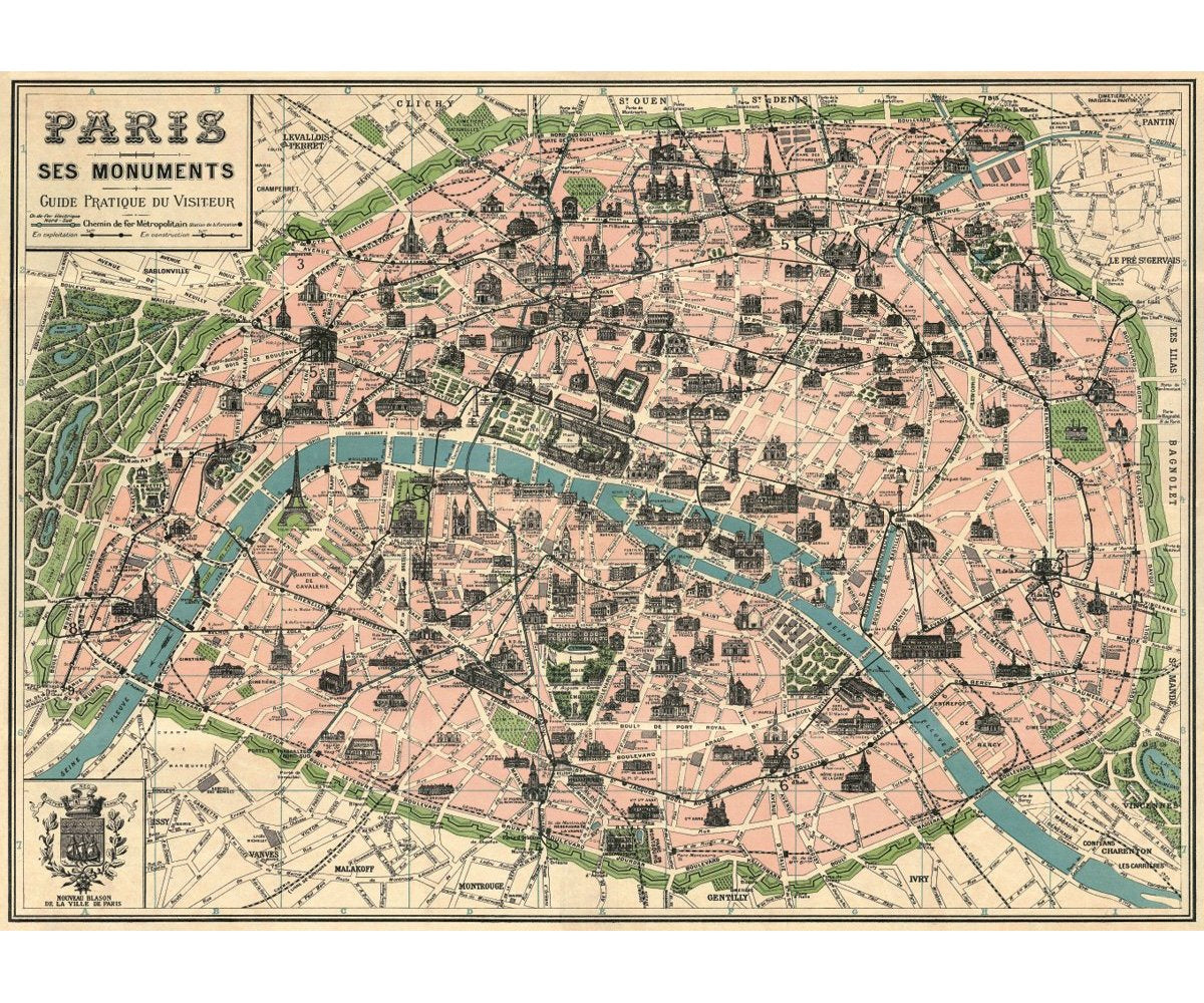 Vintage Paris Map Monuments Poster by Cavallini & Co. 20" x 28"