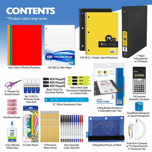 BAZIC Products Middle High School Kit Supply Box 65 Count for Student 7-12 Grades, Composition Book Compass, Color May Vary, 1-Pack