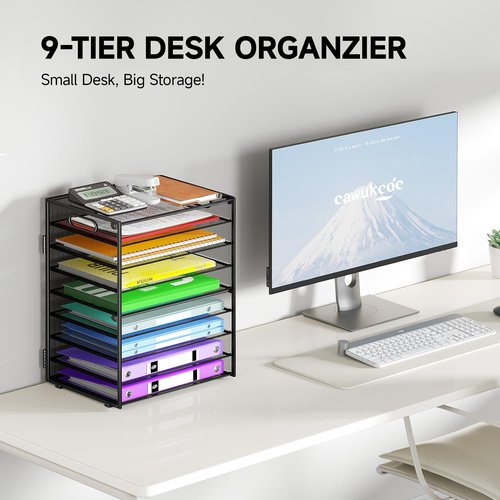 Cawukege 9 Tier Paper Organizer with Handle, Large Capacity Desk Organizer Mesh File Folder Letter Paper Tray Desktop Document Sorter for Classroom, School, and Office Accessories Organization- Black