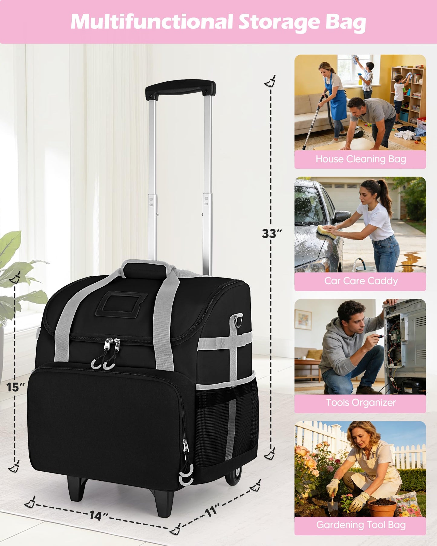 Marscamd Large Rolling Cleaning Caddy Bag with Detachable Trolley, Cleaning Supplies Organizer with Wheels for Housekeepers, Black