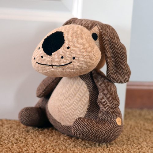 Weighted Puppy Dog Door Stopper, Floppy Ears, Brown and Tan, Tweed Fabric, Woven Polyester Exterior, Polyester and Sand Filling, 9 Inches Tall, 2.2 lbs, EN71 Te