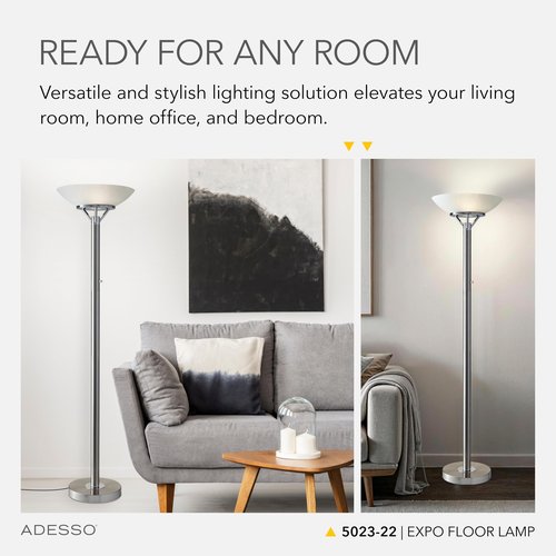 Adesso Floor Lamp with Brushed Steel and Chrome Finish - Perfect Lighting for Bedroom, Living Room and Corner Décor
