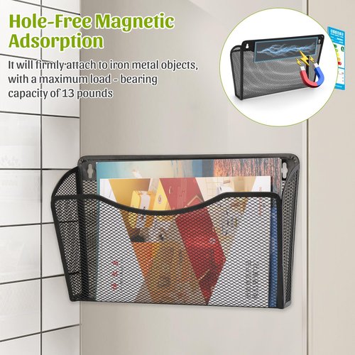 AZFUNN Magnetic Wall File Holder, Hanging Mounted Paper Mail Organizer, Vertical Pockets File Folder Document Basket for Office, Home, Classroom, Black (1 pack)