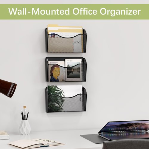 EasyPAG 3 Pack Wall File Holder, Single Mesh Hanging File Organizer for A4 Letter Size Paper, Wall Mount Paperwork Basket for Office, Home, School, Black