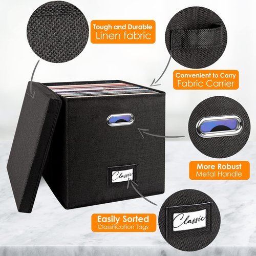 Vinyl Record Storage Box for 50+ Single LPs (12-Inch), Stackable Albums Linen Crate with Lid, Collapsible Play Music Collection Holder, Document File Folder Cabinet Organizer Case with Handle