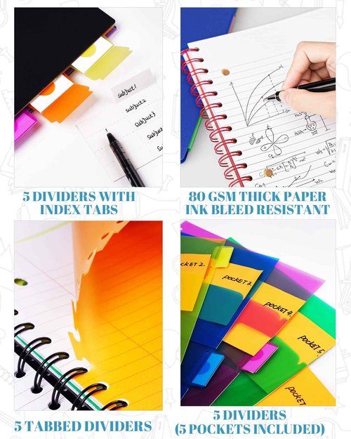 MOWEE Spiral Notebook - 5 Subject Notebook, College Ruled Notebook With Dividers Pocket, Tabs Label (5PackBlack)
