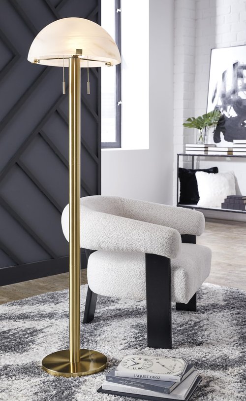 Signature Design by Ashley Tobbinsen Vintage Metal and Glass Floor Lamp with Pull Chain Switch and 2 Sockets, Metallic & White