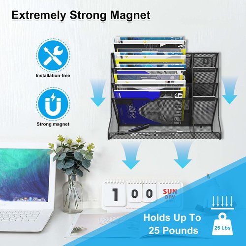 KZWKRG 5 Tier Magnetic File Holder, Magnetic File Organizer, Hanging Mail Organizer Folder Holder with R-shaped Bottom Tray, Magnetic Paper Document Magazine Rack with 4 Pen Holder for Office Home