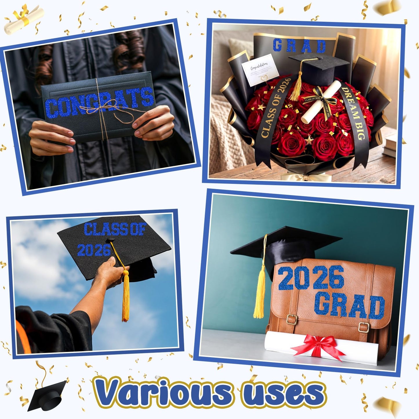 FunooFuno Blue 175 Pcs Graduation Photo Display Board Sticker Glitter Border Trim Alphabet Letter Number for 2026 Grad Party Trifold Poster Photo Display Event Displays Bulletin Board