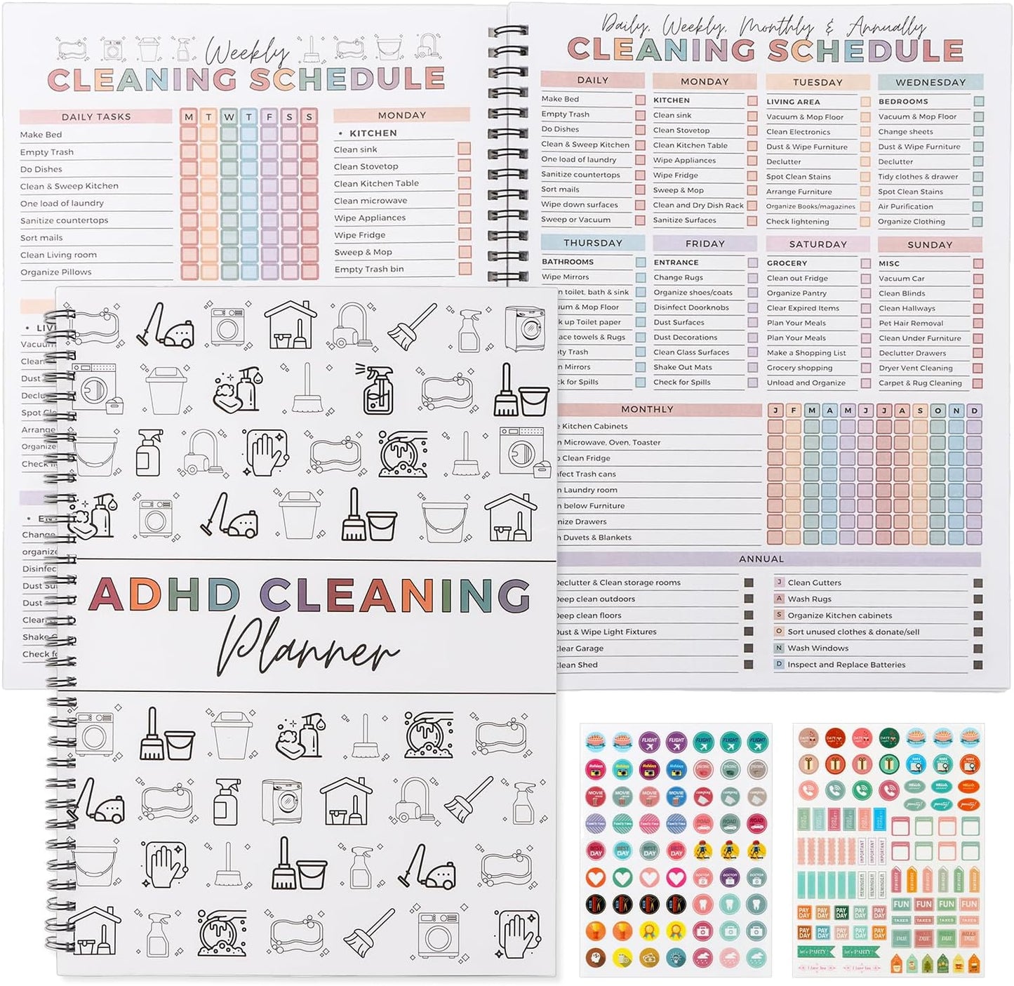 Adhd Cleaning Planner - Daily, Weekly & Monthly Organizer with Stickers | DIY Home Cleaning Schedule (White)