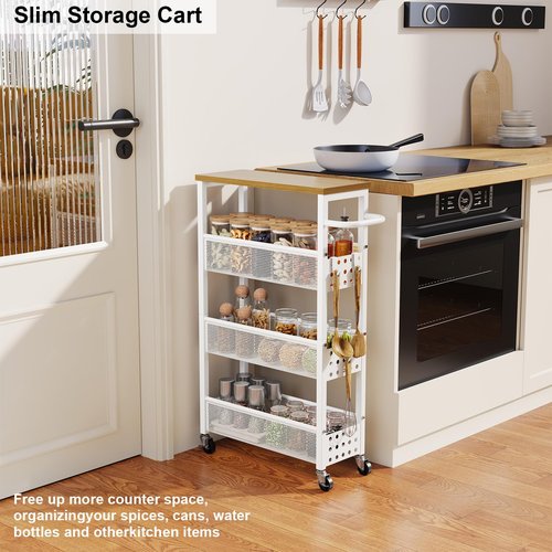 4 Tier Slim Rolling Cart with Wheels for Small Spaces, Laundry Room Shelf Between Washer and Dryer Storage, Narrow Bathroom Organizer Shelves on Wheels, Metal Utility Carts for Kitchen, Skinny Cabinet