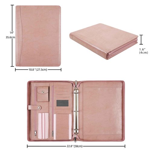 Pink Leather Padfolio for Women, Business Leather Binder 3 Ring Portfolio, Personalzied Leather Portfolio Binder, Zippered Portfolio Organizer for A4 Letter Size Notepad & 13-inch Laptop/Tablet