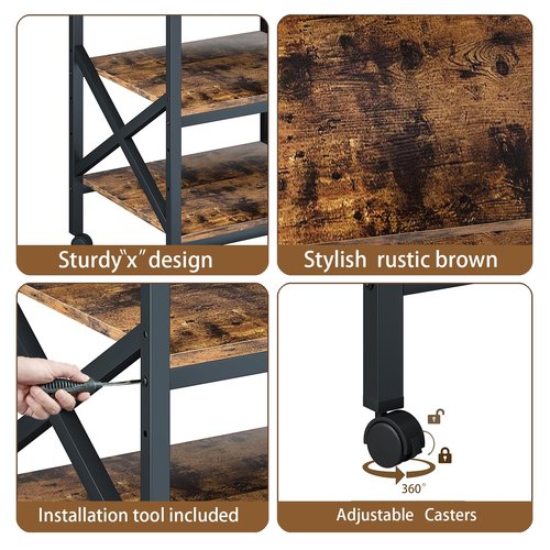 MILEFA Large 23.6 x 23.6 Inches Printer Stand with 3 Tiers, Height Adjustable Storage Shelf, Rolling Printer Cart with Industrial Wheels - Rustic Brown Home Office Printer Table