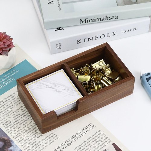 Buqoo Sticky Note Holder, 2 in1 Black Walnut Wood Self Stick Note Holder Memo Pad Holder Dispenser Organizer, Post It Note Dispenser Cube Holder for 3 x 3 Pads for School Office Home Desk Accessories