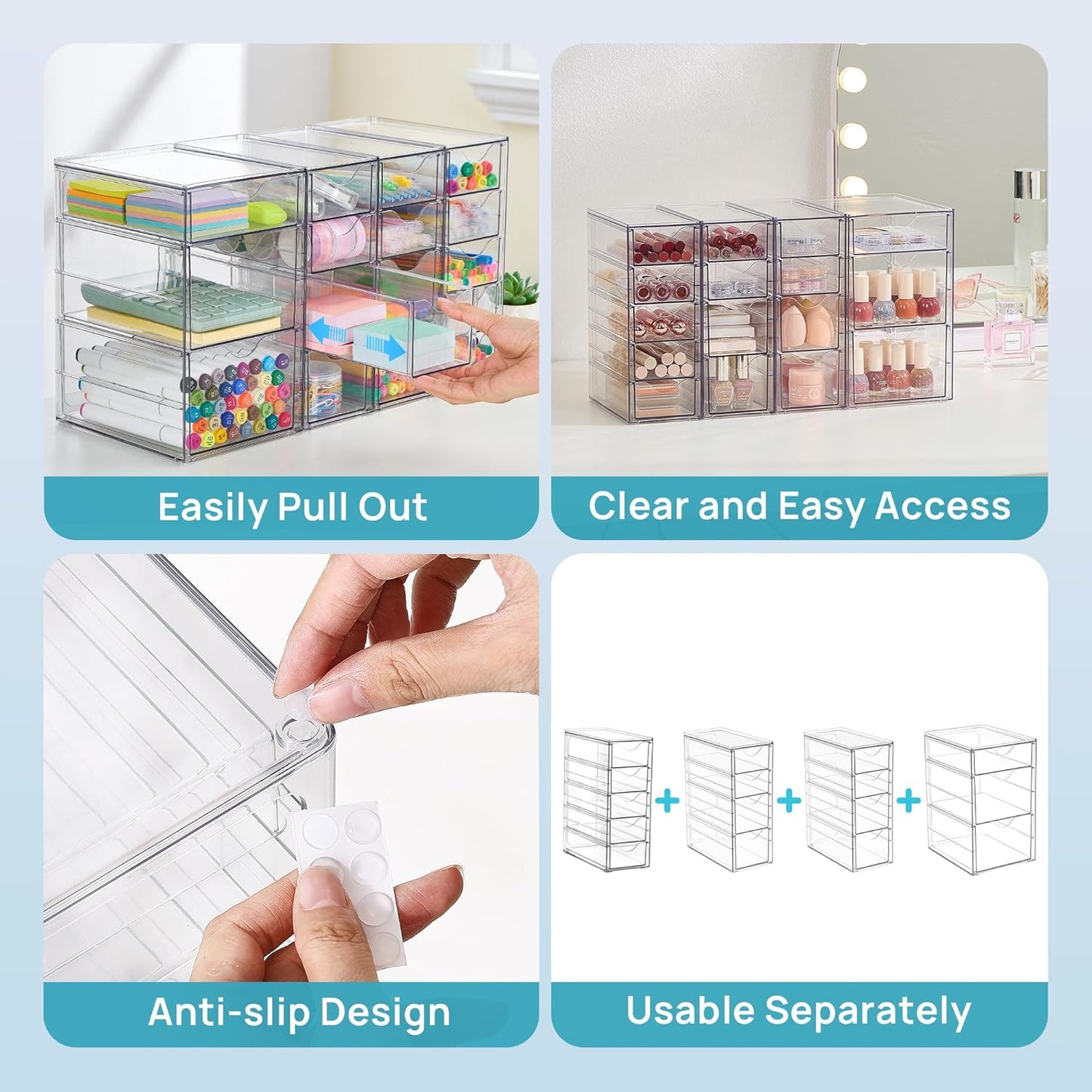 Vtopmart Clear Desk Organizer Set - 4-Piece Acrylic Storage with 16 Drawers for Office Supplies & Makeup