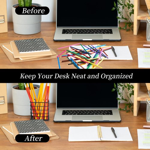 Metal Pencil Holder for Desk, 2 Pack Black Wire Pen Organizers with Mesh Bottom for Office Classroom School Home (Grid-like Design)