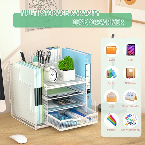 VIVSOL Desk Organizers and Accessories, 4-Tier Office Supplies Desk Organizer with 2-File Organizer with Sliding Drawer, 3 Trays and Large Capacity Pen Holder, Mesh Desk Accessories, White