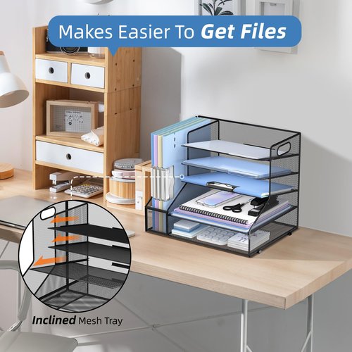 SUPEASY Desk Organizer with File Holder, 5-Tier Mesh Paper Letter Tray Organizer, Desktop Organizer and Storage with 3 Slot Document File Sorter for Office Supplies, Black