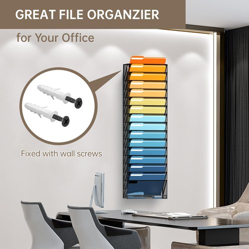 JMHUD 16-Tier Hanging File Organizer Wall File Holder, Wall Organizer for Papers, Folders, Magazines, Office Organization, No Assembly Required