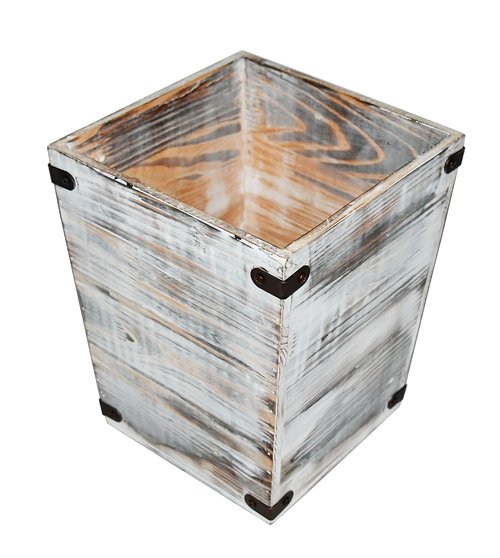 Owlgift Decorative Rustic Whitewashed Wood Trash Can, Farmhouse Stylish Wooden Waste Basket Near Desk, Square Garbage Cans Trashcan with Metal Brackets for Office, Bedroom & Bathroom