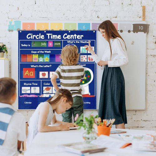 Klyrith Circle Time Learning Center Classroom Pocket Chart, Educational Teaching Materials with Cards for Preschool, Learning Calendar Weather Letter Rhyme Color Shape Counting Number etc, Blue