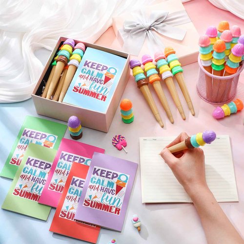 Sayglossy 48 Pcs End of Year Student Gift from Teacher Include 24 Colorful Notebook 24 Pcs Ice Cream Pen Graduation Gift End of Term Summer Birthday Ice Cream Party Favors for Kids Office School